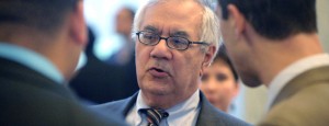 U.S. Rep. Barney Frank talks with Gay & Lesbian Alliance Against Defamation President Jarrett Barrios and others during a March 25 reception the group organized with the Congressional Hispanic Caucus and LGBT Equality Caucus to discuss comprehensive immigration reform. Reps. Nydia Velzaquez, Tammy Baldwin and Jared Polis also attended the Capitol Hill reception in the Rayburn House Office Building. (Photo by Joe Tresh)
