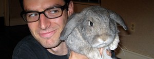 Actor Daniel Eichner takes some tips from a real rabbit (Monster) for the upcoming Capital Fringe Production of ‘HORRIBLE CHILD’ in which Eichner plays a gay bunny. ‘HORRIBLE CHILD’ is staged by gay director Jose Carrasquillo. Eichner is straight (Photo courtesy of Eichner)