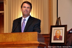 Director of the Office of Personnel Management, John Berry, addresses the attendees at the memorial service for Frank Kameny. (Washington Blade photo by Michael Key)