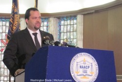 NAACP President Benjamin Todd Jealous speaks at his organization's national headquarters in Baltimore on Monday. (Washington Blade photo by Michael K. Lavers)