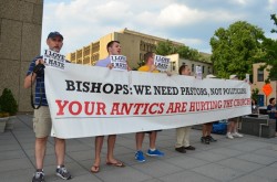 Gay Catholics protest "Fortnight for Freedom" rally at George Washington University (Blade photo by Blake Bergen)