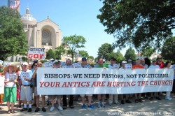 Gay Catholics and others protest outside "Fortnight for Freedom" Mass in D.C. on Wednesday (Blade photo by Michael K. Lavers)