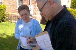 A Mainers United for Marriage volunteer speaks with a likely voter in Brunswick (Photo courtesy of Mainers United for Marriage)