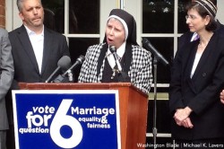 Sister Jeannine Gramick of New Ways Ministry speaks in support of Question 6 at St. Mark's Episcopal Church in Silver Spring, Md., on Oct. 18. (Washington Blade photo by Michael K. Lavers)