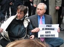 Rabbi Sharon Kleinbaum and then-National Gay and Lesbian Task Force executive director Matt Foreman protest "Don't Ask, Don't Tell" in Times Square in 2007 (Photo courtesy of Congregation Beit Simchat Torah)