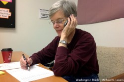 Silver Spring resident Deb Ferranz calls voters for Question 6 at Marylanders for Marriage Equality's office in Silver Spring on Saturday (Washington Blade photo by Michael K. Lavers)