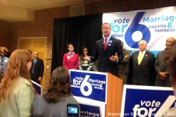 Governor Martin O'Malley speaks at a pro-Question 6 rally at the University of Maryland in College Park on Nov. 5 (Washington Blade photo by Michael K. Lavers)