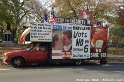 A van with anti-gay marriage signs and banners parked near an anti-Question 6 event at a Frederick park on Nov. 4. (Washington Blade photo by Michael K. Lavers)