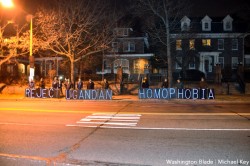 Protesters gather outside the Ugandan embassy in Northwest D.C. on Saturday to protest the country's "Kill the Gays" bill. (Washington Blade photo by Michael Key)