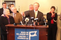 Rhode Island Gov. Lincoln Chafee speaks at a press conference on Monday that announced a coalition of groups in support of the state's same-sex marriage law. (Photo courtesy of Christian Vareika)