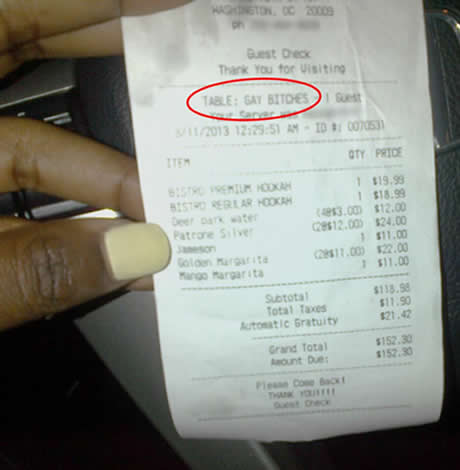 Restaurant manager says he fired server for writing slur on check