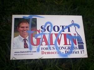 Defaced Galvin campaign sign (photo courtesy Galvin campaign)