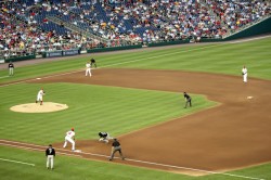 The Nats pitcher tries to pick off one of the Marlins