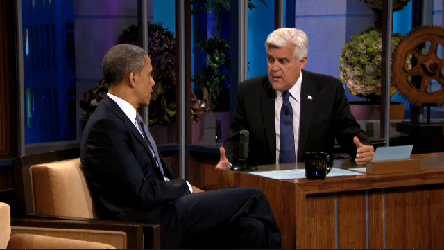 President Obama speaks with Jay Leno on "The Tonight Show" about Russia's anti-gaw law (Screenshot courtesy NBC).