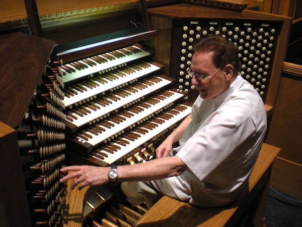 Lon Schreiber at the console of the new organ at First Baptist Church. (Blade photo by Joey DiGuglielmo) 