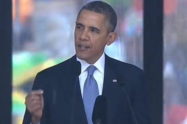 President Obama delivers a speech on Nelson Mandela in a memorial service in South Africa (Screenshot courtesy YouTube).
