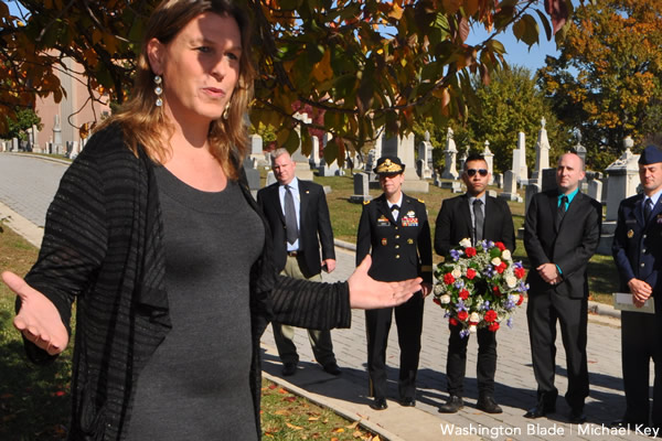 Kristin Beck speaks at a Veterans Day ceremony at Congressional Cemetery in Southeast D.C. on Nov. 12, 2014. The retired U.S. Navy SEAL plans to challenge House Minority Whip Steny Hoyer (D-Md.) in next year's Democratic primary. (Washington Blade photo by Michael Key)