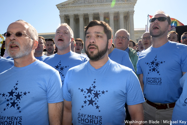 The Gay Men's Chorus of Washington performed in front of the U.S. Supreme Court on April 28, 2015, during oral arguments for Obergefell v. Hodges. (Washington Blade photo by Michael Key)