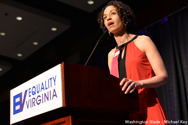 Equality Virginia board member Geneva Perry spoke at the Equality Virginia Commonwealth Dinner. (Washington Blade photo by Michael Key)