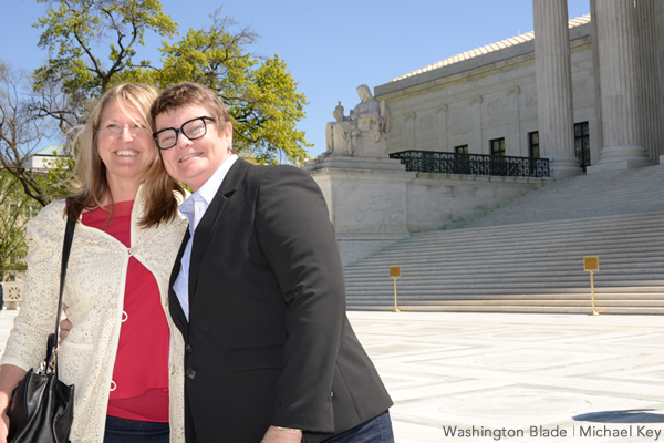 Proposition 8 plaintiffs Sandy Stier and Kris Perry attended oral arguments for Obergefell v. Hodges on Tuesday. (Washington Blade photo by Michael Key)