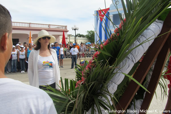 Mariela Castro Espín, daughter of Cuban President Raúl Castro, pays tribute to one of her country's "martyrs" from its war of independence with Spain during a ceremony in Las Tunas, Cuba, on May 16, 2015, that was part of a series of events to commemorate the International Day Against Homophobia and Transphobia. (Washington Blade photo by Michael K. Lavers)