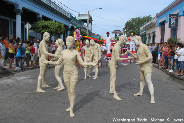 Performance artists who covered themselves with a clay-like substance take part in a march in Las Tunas, Cuba, on May 16, 2015, to commemorate the International Day Against Homophobia and Transphobia. (Washington Blade photo by Michael K. Lavers)
