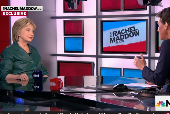 Hillary Clinton is interviewed on "The Rachel Maddow Show." (Image courtesy MSNBC.)