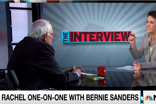 Bernard Sanders is interviewed on "The Rachel Maddow Show." (Image courtesy MSNBC)