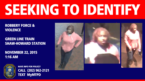 Metro Transit Police on Wednesday night released these photos of someone they said is a person of interest in the case of the assault and robbery of a gay male couple on a Green Line Metro train about 1:15 a.m. on Nov. 22 somewhere between the West Hyattsville and Shaw-Howard University stations. Anyone with information about this person should call Metro police at 202-962-2121.