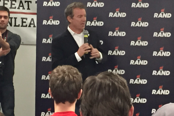 Rand Paul speaks to supporters at a rally in Des Moines (Photo by Chris Johnson).