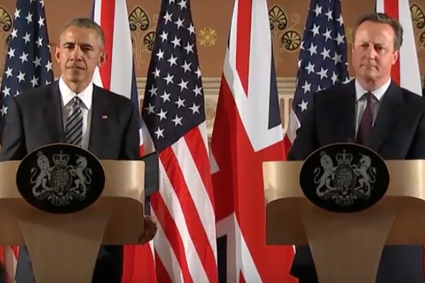 President Obama and British Prime Minster David Cameron address anti-LGBT laws. (Screenshot via the White House)