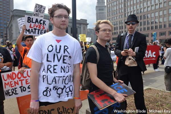 Cameron Childers attends a protest against Donald Trump in Cleveland on July 18, 2016. (Washington Blade photo by Michael Key)