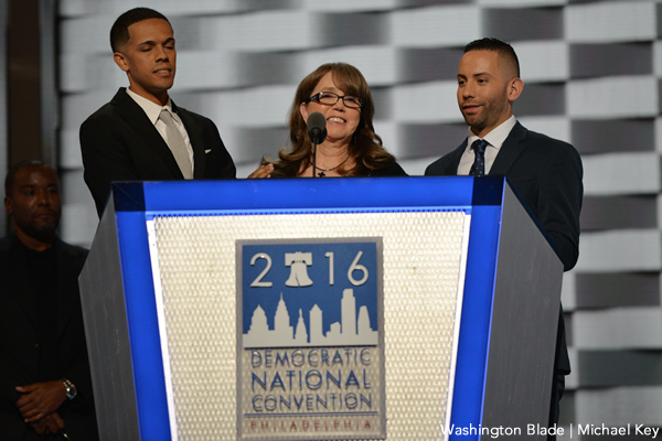 Christine Leinonen, mother of Christopher "Drew" Leinonen, one of the 49 victims of the Pulse nightclub massacre, speaks at the Democratic National Convention in Philadelphia on July 27, 2016. (Washington Blade photo by Michael Key)
