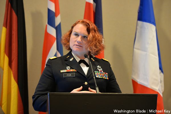Former trans service member Sage Fox spoke about being discharged under the trans military ban. (Blade photo by Michael Key).