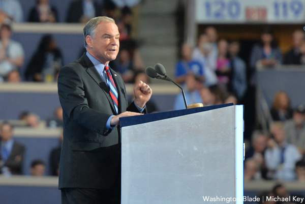 Democratic Vice Presidential nominee Sen. Tim Kaine (D-Va.) speaks at the Democratic National Convention in the Wells Fargo Arena in Philadelphia on July 27. (Washington Blade photo by Michael Key)