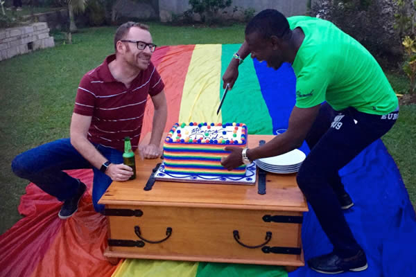 From left; All Out Executive Director Matt Beard and Richard Lusimbo of Sexual Minorities Uganda celebrate Uganda Pride on Aug. 6, 2016. (Photo courtesy of Richard Lusimbo/Sexual Minorities Uganda)