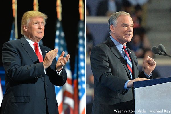 Donald Trump (left) is set to address the Values Voter Summit on the same day Tim Kaine will address the HRC dinner. (Washington Blade photos by Michael Key)