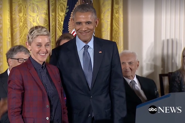 (President Barack Obama presented Ellen DeGeneres with the Presidential Medal of Freedom. Screenshot via ABC News._