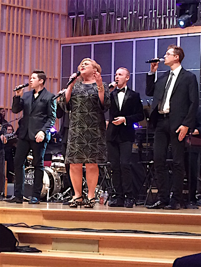 Sandi Patty with (in back from left) Scott Lawrence and James Berrian of the group Veritas and her son Jonathan Helvering, a gifted singer in his own right. (Washington Blade photo by Joey DiGuglielmo) 