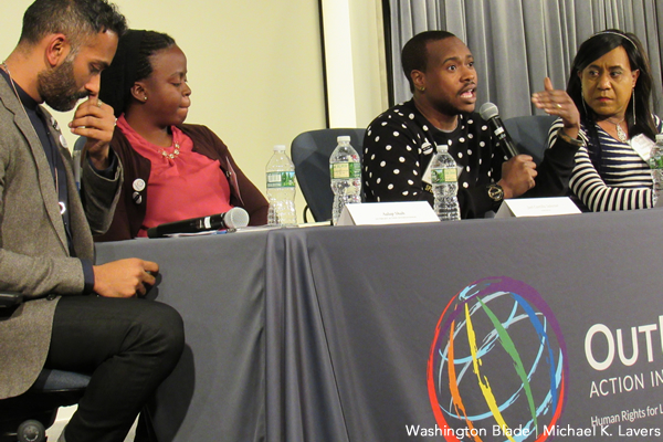 From left: OutRight Action International board member Aalap Shah, Jael Castillo Salazar of Belize, Tiq Milan and Ricky "Rikki" Nathanson of Zimbabwe speak about the global implications of President-elect Trump's election during a panel at the OutRight Action International summit in Long Island City, N.Y., on Dec. 10, 2016. (Washington Blade photo by Michael K. Lavers)