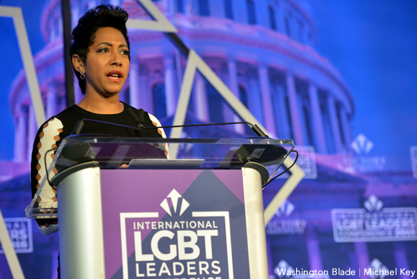 ‘If President Trump appoints an LGBT person supportive of the entire community, that is welcome,’ said a skeptical Aisha Moodie-Mills, the Victory Fund’s president and CEO. (Washington Blade photo by Michael Key)