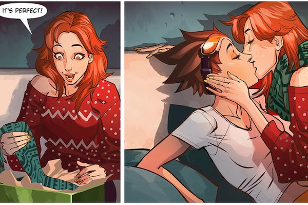 ('Overwatch' character Tracer kisses her girlfriend Emily in comic. Photo via Bilzzard.)