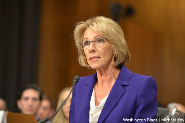 Betsy Devos at her Senate confirmation hearing. (Blade photo by Michael Key)