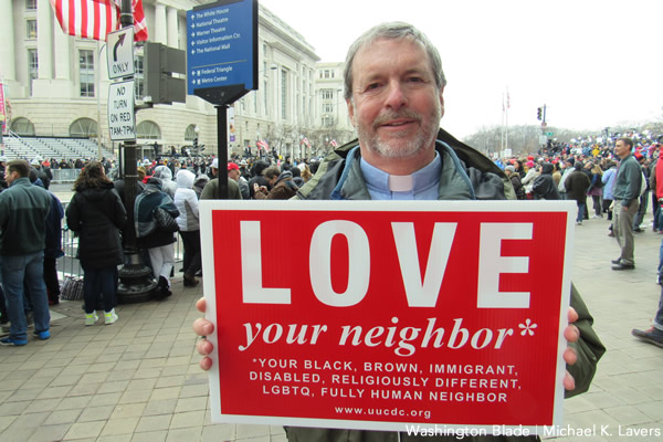 Rev. Peter Friedrich of the Unitarian Universalist Church of Delaware County in Media, Pa., stands along Pennsylvania Avenue before the inaugural parade on Jan. 20, 2017. (Washington Blade photo by Michael K. Lavers)