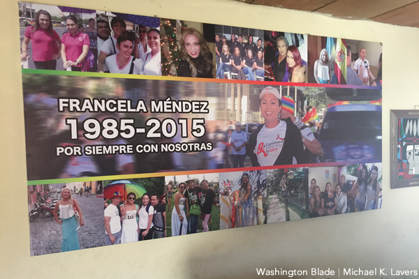 Francela Méndez was a member of Colectivo Alejandría who was killed at a friend's home in 2015. The transgender rights organization has hung this tribute to her at its offices in San Salvador, El Salvador. (Washington Blade photo by Michael K. Lavers)
