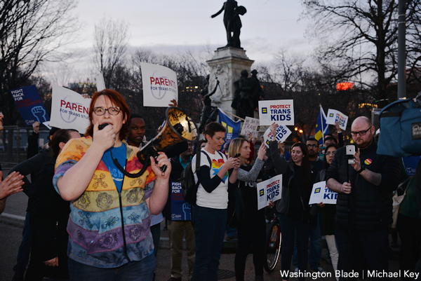 Hundreds of people gathered outside the White House on Feb. 22, 2017, to protest President Trump's decision to rescind guidance on how public schools should accommodate transgender students. (Washington Blade photo by Michael Key)