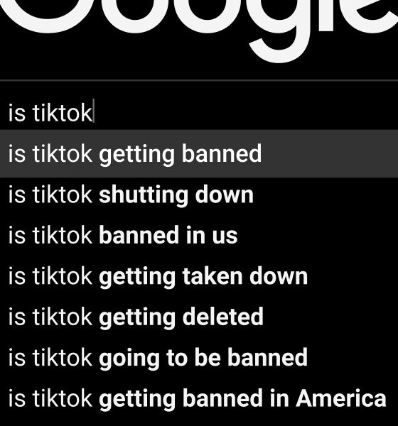 A google search bar that says "is TikTok" with several suggested searchers: "... getting banned" "... shutting down" "... banned in us" "... getting taken down" "... going to be deleted" "... going to be banned" "... getting banned in America"